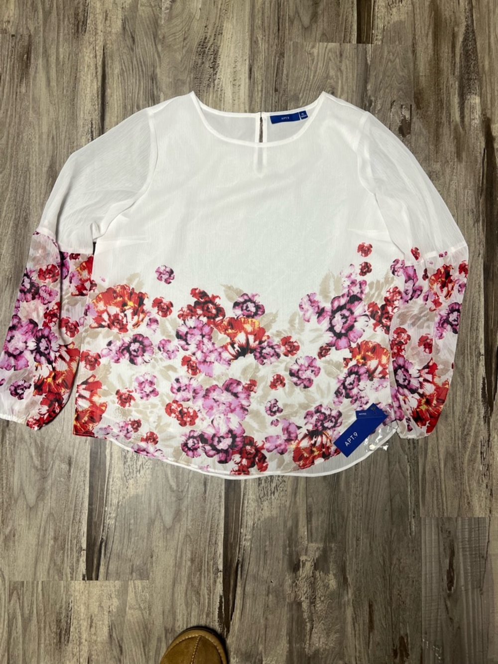 Apt. 9 White Sheer Blouse with Pink and Red Floral Border